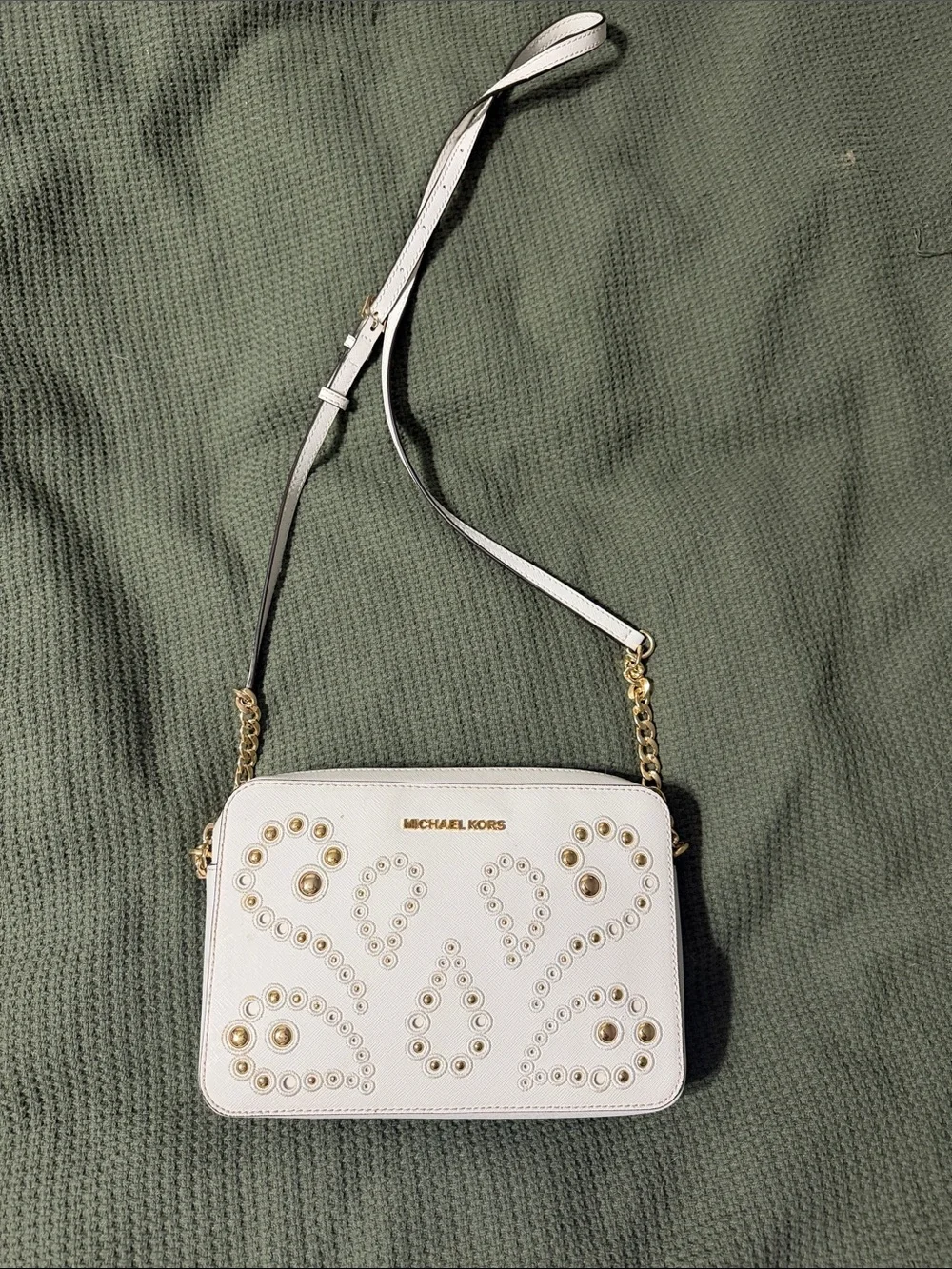 MICHAEL KORS White Leather Studded Crossbody with Gold Hardware
